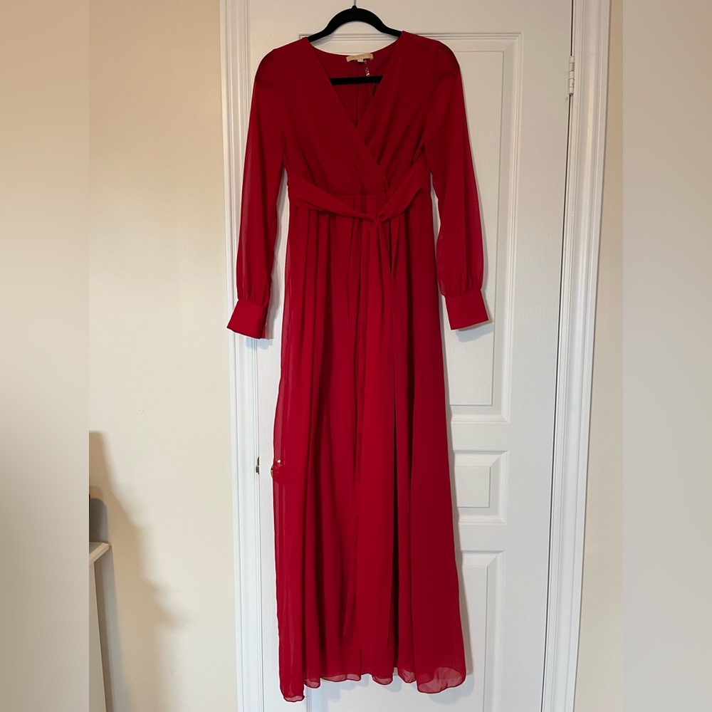 Pinkblush Maternity Red Chiffon Long Sleeve Pleated Maxi Dress